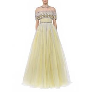NEW REEM ACRA strapless gathered tulle gown in yellow